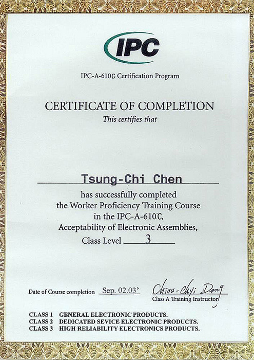 IPC-A-610C Welder Training Course Certificate